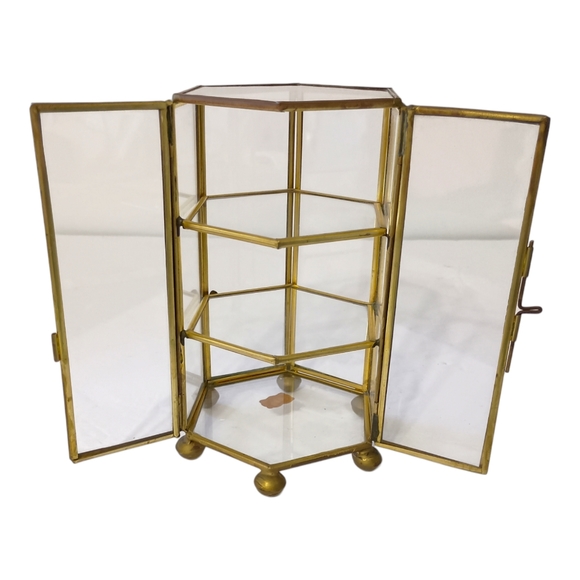 Vintage Glass Curio Cabinet Mini Brass Octagon 70s 80s Jewelry Trinket Box - Picture 12 of 16